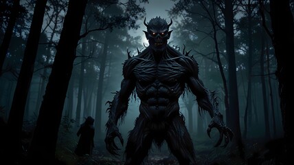 Fototapeta premium An ugly monster stands under the moonlight in a dark forest.