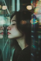 Reflective Portrait of Woman Through Glass in Urban Environment