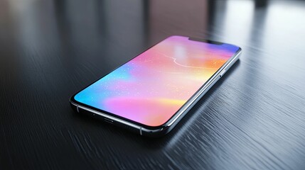 Smartphone with Abstract Pink and Blue Background on Black Table