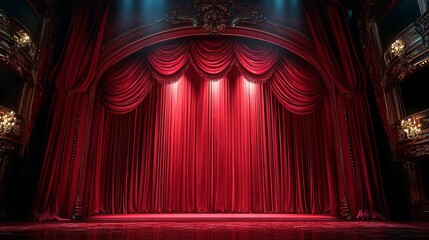 Red velvet stage curtains with ornate gold trim and spotlight beams.