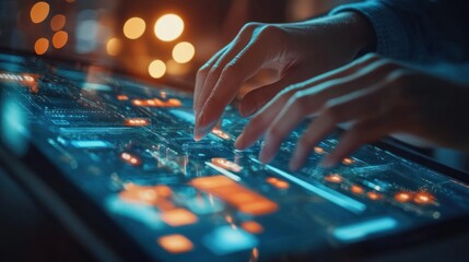 Business technology interface: B2B professionals using digital devices and holographic communication tools for enhanced interaction