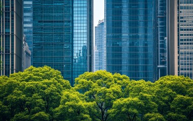 A group of urban trees standing tall in front of skyscrapers, blending nature with modern life