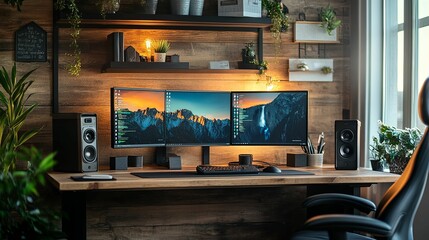 Modern Wooden Desk with Triple Monitor Setup and Gaming Chair