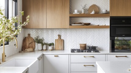 A modern kitchen with white cabinets and a herringbone tile backsplash. The countertops are white and there is a gold faucet in the sink. The kitchen also features a black oven and a gas stovetop.
