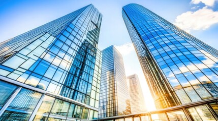 Fototapeta premium A modern skyscraper with reflective glass windows, capturing the city skyline and sunlight in its reflection. --chaos 70