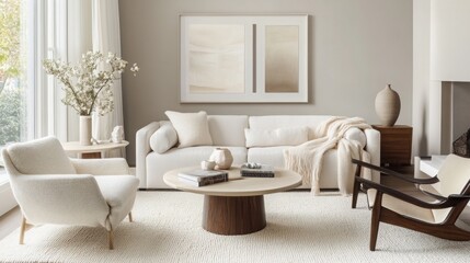 This stylish living room showcases a contemporary design with a soft color palette, plush furniture, and elegant decor elements