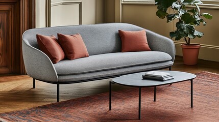 A modern living room featuring a sleek gray sofa with colorful throw pillows, accented by a minimalist coffee table and a lush indoor plant. --chaos 70