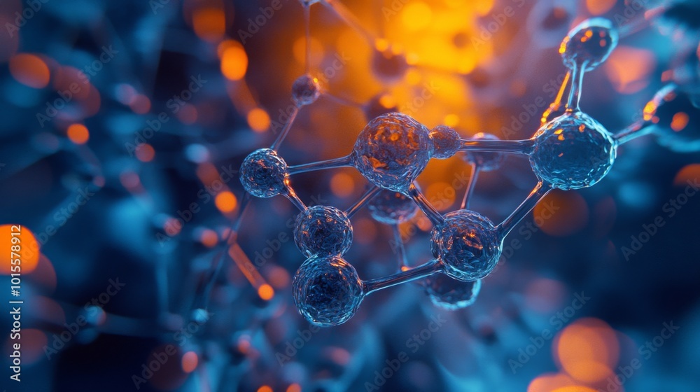 Poster A close-up of a molecular structure shows interconnected atoms and bonds, illuminated with bright colors that blend science and art.