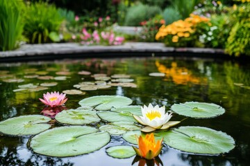 A lily pond with floating lily pads and a few flowers blooming on the water