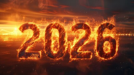 An intense, fiery depiction of the year 2026 burning bright against a dark, city-like backdrop. The glowing flames and reflections create a dramatic and energetic mood, ideal for New Year or