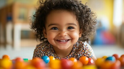 A Portrait of a Little Girl with Curly Hair and a Big Smile