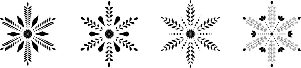 Set of decorative minimalistic black Snowflake Icons Christmas Vector Black Silhouette Symbols Abstract Graphic Cliparts Artwork Illustration collection