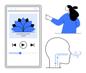 App interface with a flower logo and audio controls. Woman pointing to the right. Breathing diagram demonstrating airflow. Ideal for mindfulness, meditation, relaxation, breathing exercises
