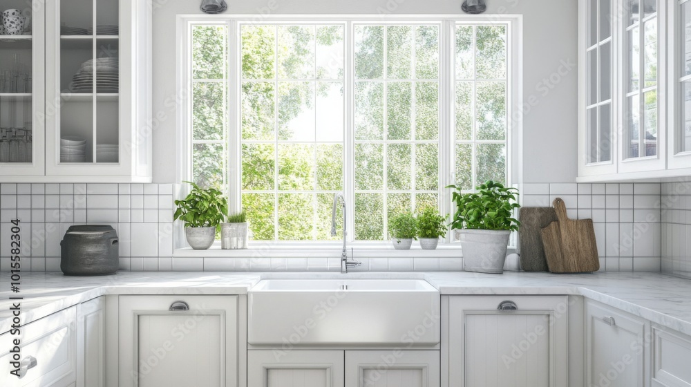 Poster sunlight streams through large windows in a bright kitchen, highlighting a spacious sink and lush pl