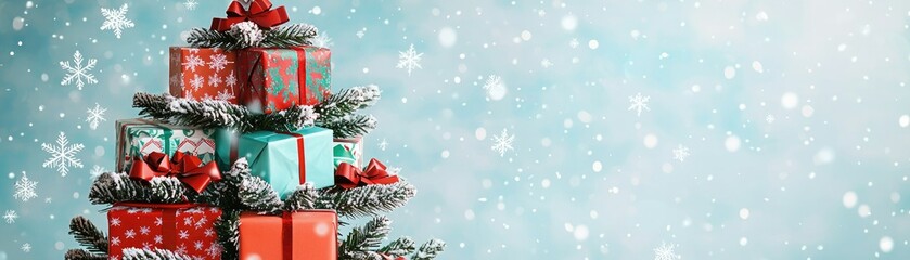 A festive Christmas tree adorned with colorful gifts, surrounded by falling snowflakes, creating a magical holiday atmosphere.