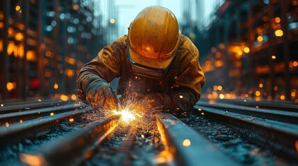 A welder working on metal tracks, sparks flying in a dimly lit industrial environment.