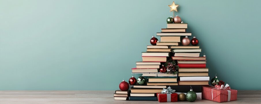 Creative Christmas tree made of books, adorned with ornaments and gifts, perfect for holiday decoration and book lovers.