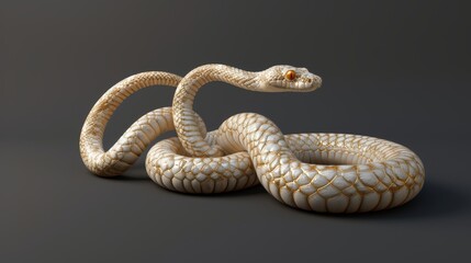 Fototapeta premium A highly detailed 3D render of a white and gold snake coiled on a dark surface, with intricate scale patterns and glowing orange eyes. Ideal for fantasy or animal-themed designs.