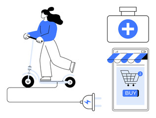 Woman riding an electric scooter beside online shopping cart and healthcare symbol. Ideal for sustainable transport technology online shopping healthcare and eco-friendly products. Simplistic modern