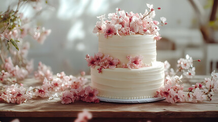 Two-Tier White Cake Decorated with Delicate Pink Flowers - Illustration