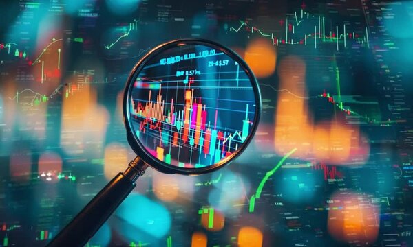magnifying glass with chart and graph business footage