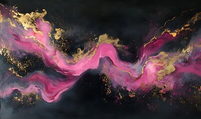 Obraz premium An abstract painting with pink and gold accents flows across a dark background, Generative AI