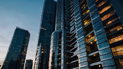 Fototapeta premium Skyscrapers with Reflective Glass Facades and Dramatic Perspectives Against a Cloudy Sky.