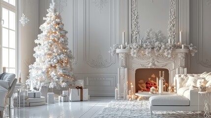 A luxurious white-themed living room adorned with an elegant Christmas tree and decorative fireplace. The room is filled with soft natural light, highlighting the festive decorations and carefully