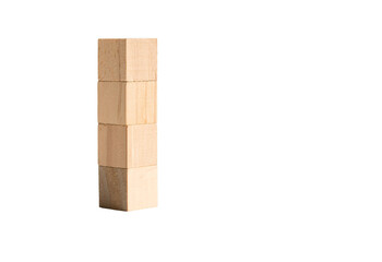 Four square wood toy blocks stacked up, isolated on transparent background.