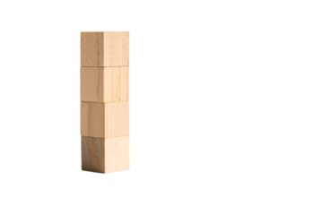 Four square wood toy blocks stacked up, isolated on transparent background.
