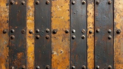 Fototapeta premium Close-up of a weathered metal door with rusted plates and rivets.