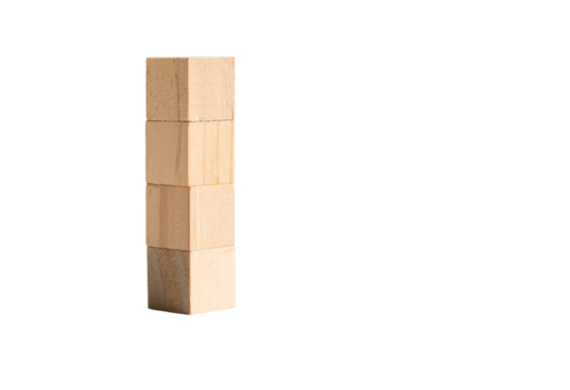 Four square wood toy blocks stacked up, isolated on transparent background.