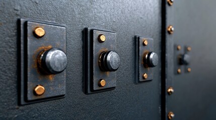 Close-up of metallic buttons on a textured surface, possibly for machinery or control panel.