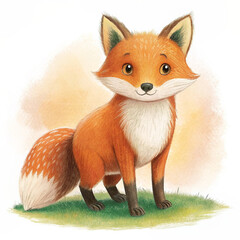 Obraz premium Adorable woodland fox illustration with a friendly expression. Cute illustration of a smiling fox standing on grass, depicting a friendly and whimsical woodland animal