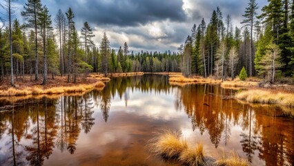 Obraz premium Gloomy springtime landscape with muddy brown water in a swamp, dark spruces and dry grass reflected in the water surface