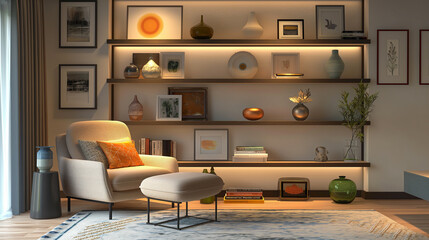 Contemporary living room with floating shelves, a statement armchair, and a mix of ceramic and glass decorative items for a refined yet cozy look.