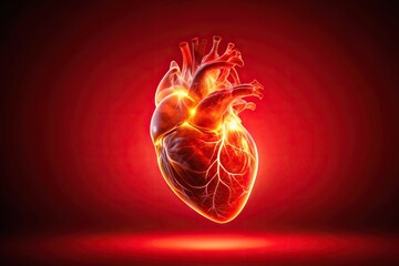 Glowing anatomical heart on red background for a dramatic and impactful image