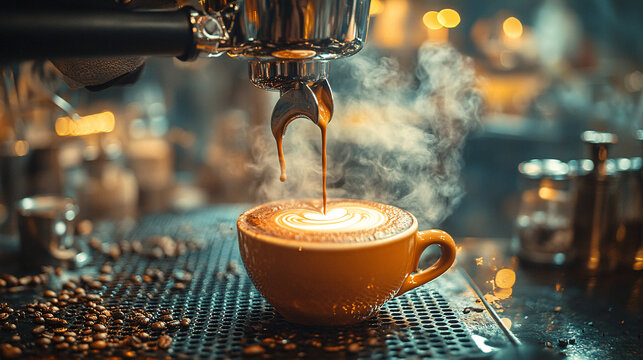 warm latte pouring from espresso machine in cafe shop