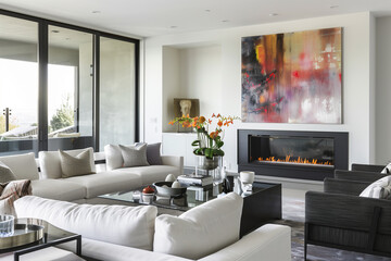 Modern living room with a glass-fronted fireplace, modular furniture, and large abstract art, creating a clean and contemporary atmosphere.