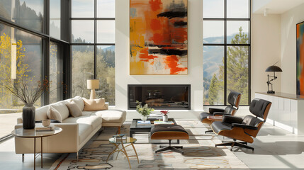Modern living room with a glass-fronted fireplace, modular furniture, and large abstract art, creating a clean and contemporary atmosphere.