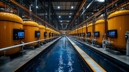 Industrial facility with large yellow tanks and monitoring equipment along a water channel.