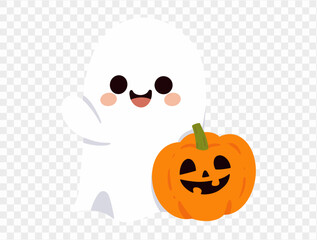 Happy cute smile ghost  hug halloween pumpkin isolated on png or transparent background.Halloween party banner. vector
