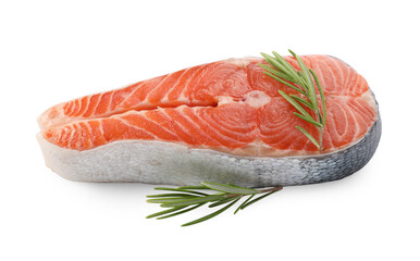 Fresh salmon steak and rosemary isolated on white