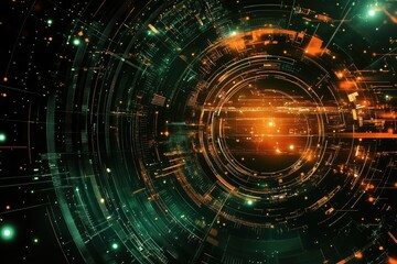 Fototapeta premium Abstract digital artwork featuring vibrant circles and glowing particles in shades of green and orange, symbolizing technology and energy.