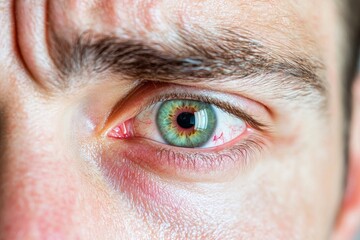 Fototapeta premium Close-up of a striking green eye with intricate details and emotions captured, showcasing the beauty of human expression.