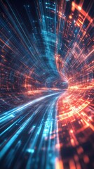 Obraz premium Dynamic tunnel of light portraying speed and technology with vibrant blue and red hues, perfect for sci-fi and futuristic themes.