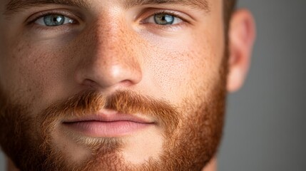 A young man stares directly at the camera, showcasing his well-groomed beard and sharp facial features, bathed in flattering light that enhances his strong appearance