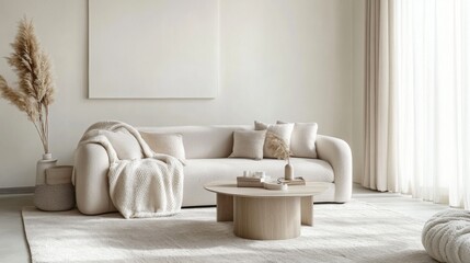 A minimalist living room features a soft, curved sofa adorned with cushions, a cozy throw, and a round coffee table