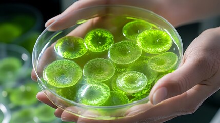 A scientist holds a petri dish containing green algae, a potential source of biofuel and food, in a laboratory setting.