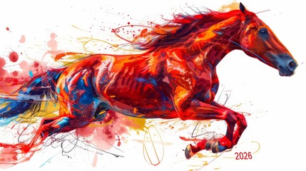 Obraz premium A bold abstract artwork of a red horse galloping forward, surrounded by vivid splashes of color. The dynamic composition and vibrant palette evoke energy, speed, and artistic creativity in motion.